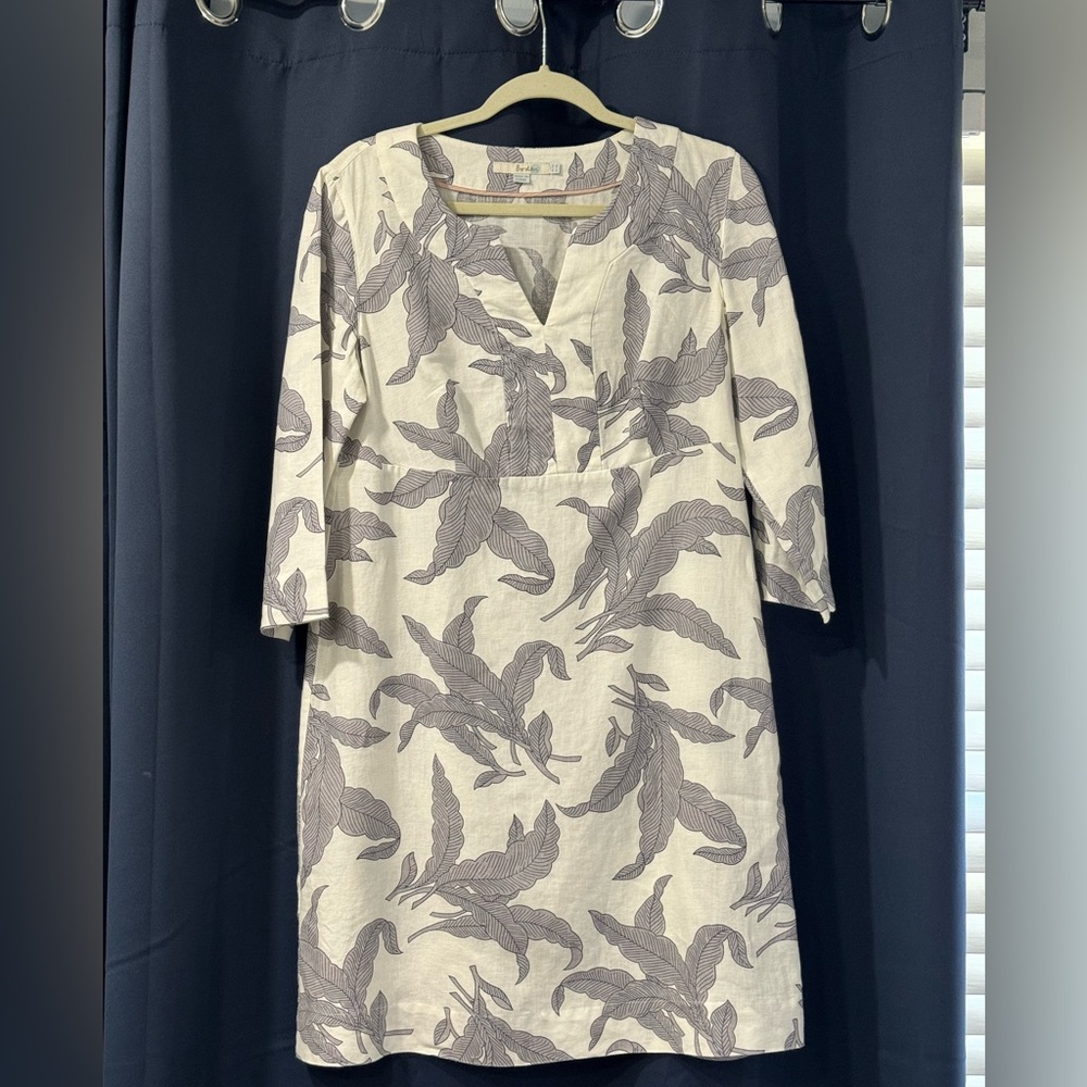 Boden Linen Leaf Print White Gray Tunic 3/4 Sleeves Dress US 10L; UK 14L